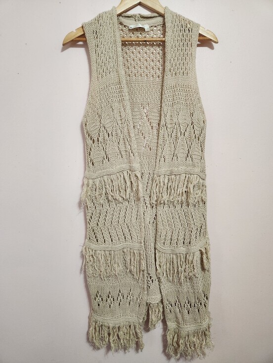 Retrod Sweaters - Retrod Boho Open Knit Crochet Fringe Sleeveless Long Duster Vest Oatmeal Size S